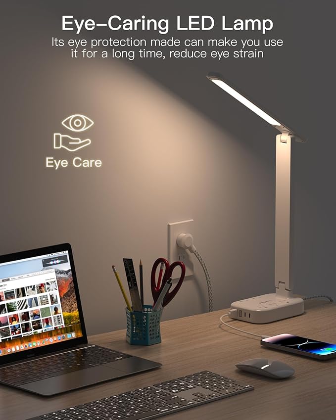 Power Strip with LED Desk Lamp, 3 Outlets 4 USB Ports(2 USBC) 4 Modes 5 Level Touch Lamp Small Desk Lamp for Home Office Bedroom Bedside, Study Reading Light, 5ft Extension Cord, Dorm Room Essentials