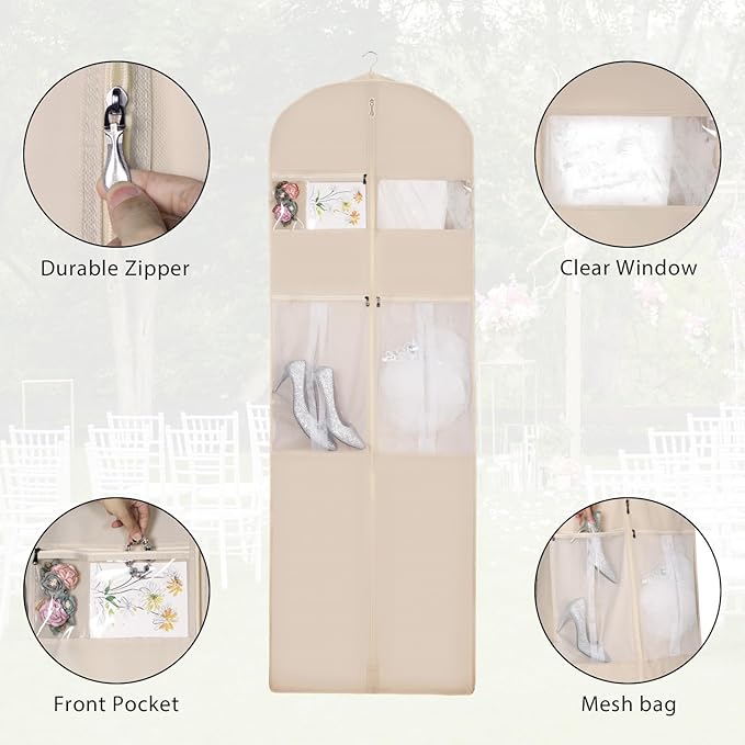 Zilink 72" Wedding Dress Garment Bag Dress Bags for Gowns Bridal Garment Bag for Long Dresses with 12”Gusseted and Accessory Pockets for Wedding Dress, Puffy Gowns [Upgraded Version], Beige