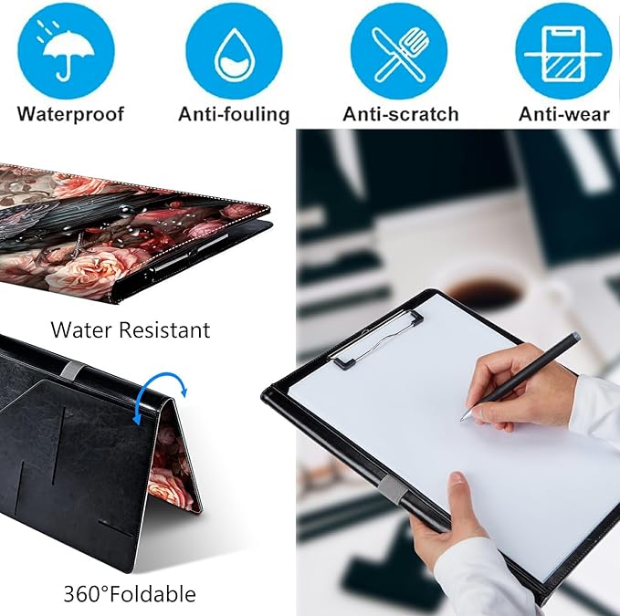 Bird and Roses PU Leather Padfolio Clipboard Notepad with Pen Loop and Elastic Strap Interview/Resume Document Organizer for Business School Office