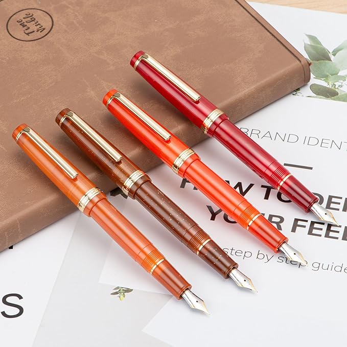 Jinhao 82 Acrylic Fountain Pen, Iridium Extra Fine Nib with Ink Converter, Transparent Coffee Fluorescent Classic Design Smooth Writing Pen (Gold Trim)