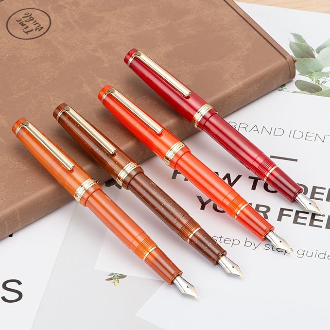 Jinhao 82 Acrylic Fountain Pen, Iridium Extra Fine Nib with Ink Converter, Transparent Light Red Classic Design Smooth Writing Pen (Gold Trim)