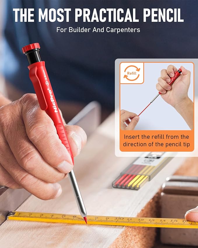Nicpro Carpenter Pencil with Sharpener, Mechanical Carpenter Pencil Set with 13 Refill, Construction Pencils Heavy Duty Woodworking Pencil for Architect (Black, Red, Yellow)-With Case