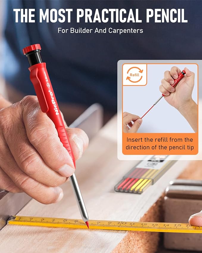 Nicpro 4 Pack Carpenter Pencil with Sharpener, Mechanical Carpenter Pencils with 52 Refills, Construction Pencil Heavy Duty Woodworking Pencils for Architect (Red, Black, Yellow, Blue)