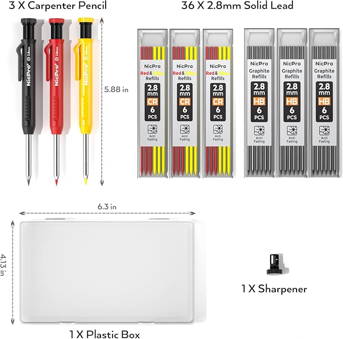 Nicpro 3 Pack Carpenter Pencil with Sharpener, Mechanical Carpenter Pencils with 39 Refills, Construction Pencil Heavy Duty Woodworking Pencils for Architect (Red, Black, Yellow)- With Case