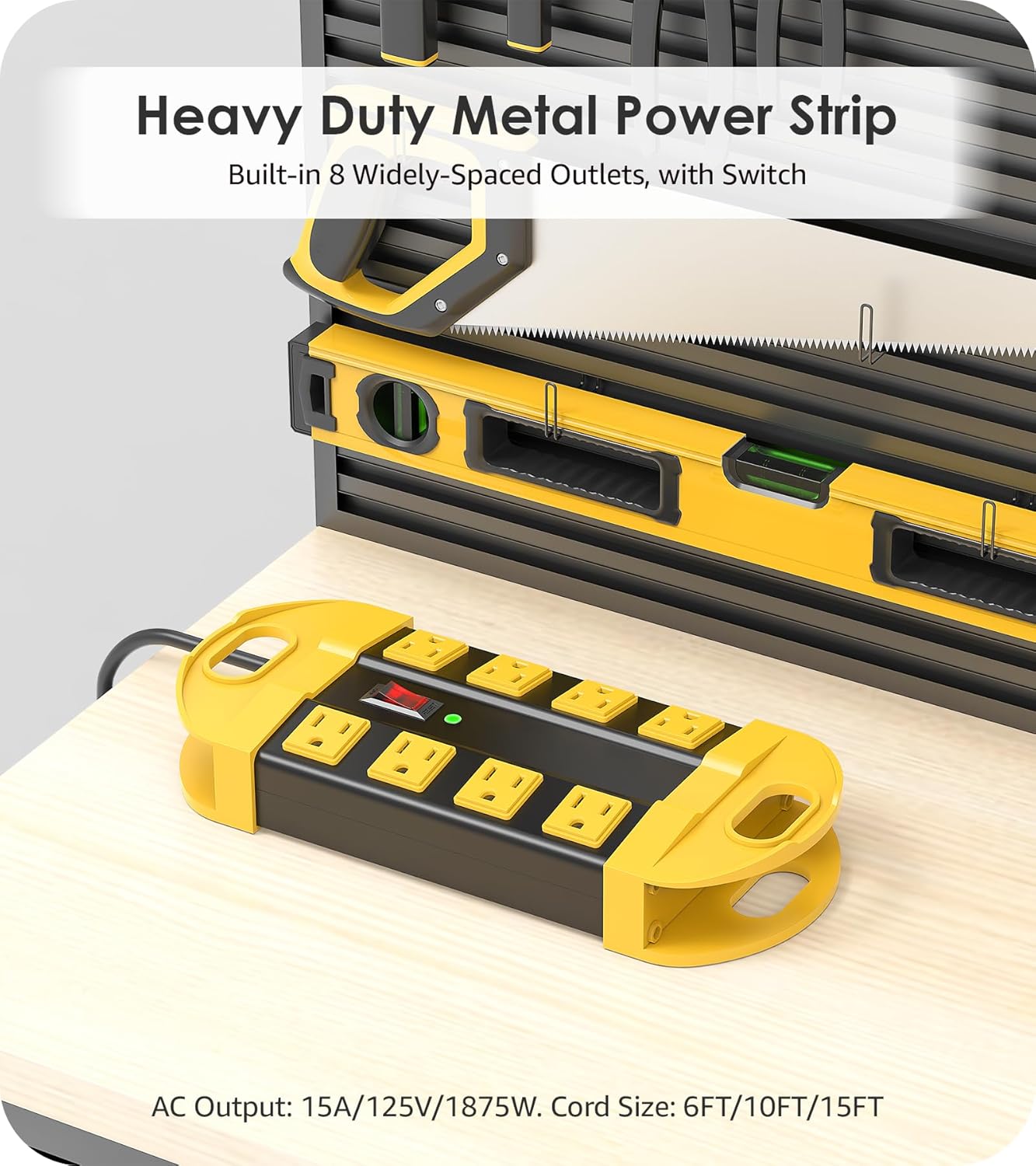 CCCEI Heavy Duty Power Strip Surge Protector, Metal 8 Outlets Power Strip for Appliance. Garage Shop Industrial Workbench 15 AMP Outlets Strip. 13FT Extension Cord