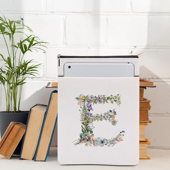 Monogrammed Book Sleeve Floral E Initial Book Pouch Book Accessories Book Lovers Gifts Waterproof Book Cover Book Protector Bookish Gifts Personalized Gifts for Women Girls Readers Bride Grandma