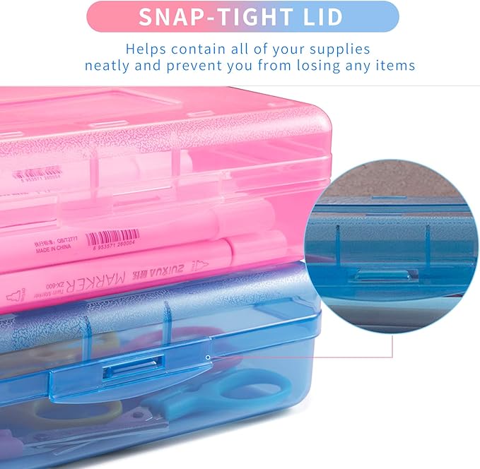 Sooez 3 Pack Pencil Case, Large Pencil Box Bulk, Clear Crayon Box Marker Pen Organizer, Plastic Storage Container with Snap-tight Lid, Stackable School Art Supply Bead Craft Organizer, Colorful