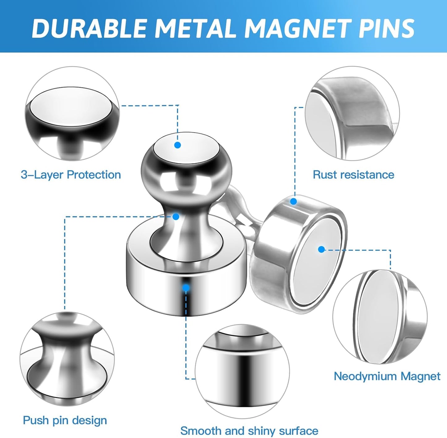 10Pack Fridge Magnets for Whiteboard Silver White Board Magnet Set Round Pin Magnets Metal Magnetic Push Pins Cute Magnet for Refrigerator Kitchen Office School