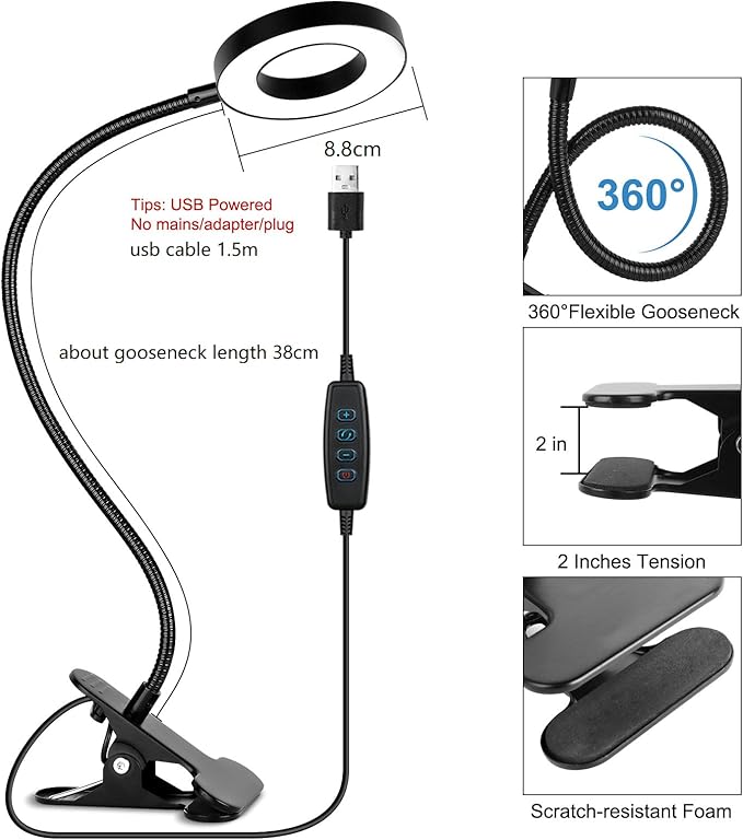 Desk Clip on Lamp for Reading Home Office, 10 Dimmable Brightness 3 Modes, Clamp Light for Bed Headboard, Craft