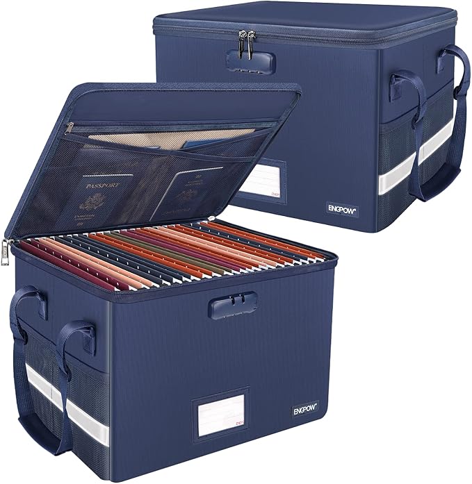 ENGPOW File Box with Lock,Fireproof Document Box with Pockets,Collapsible File Storage Organizer Filing Cabinet with Handle,Portable Home Office Safe for Hanging Letter/Legal Folders,2 Pack(Blue)
