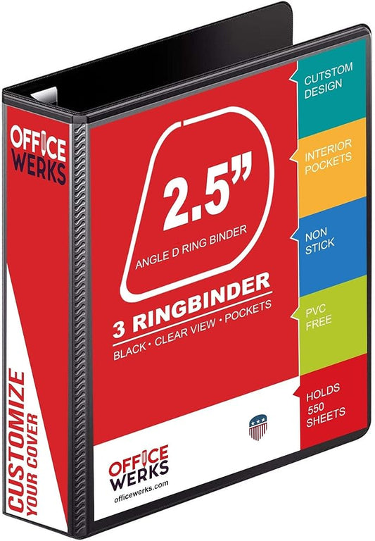 3 Ring Binder, 2.5 Inch D Ring Binders, 8.5" x 11" Presentation Folder View Binder with Pockets, Durable Non-Stick Customizable Clear View Cover for Documents, Files, Projects (Black)