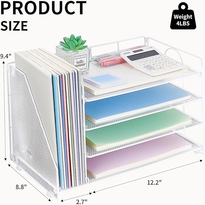OPNCIE Desk Organizers and Accessories, 4 Tier Paper Letter Tray File Organizer, Office Organization Storage Desk Accessories Workspace Desktop Organizer for Classroom Office Supplies Decor, White