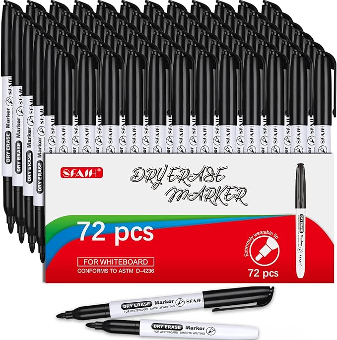 SFAIH Fine Tip Dry Erase Markers - 72 Pack Black Whiteboard Erasable Markers Bulk for Kids Adults, Ideal for Classroom School Office Home Use on White Board, Non-Toxic Easy Clean
