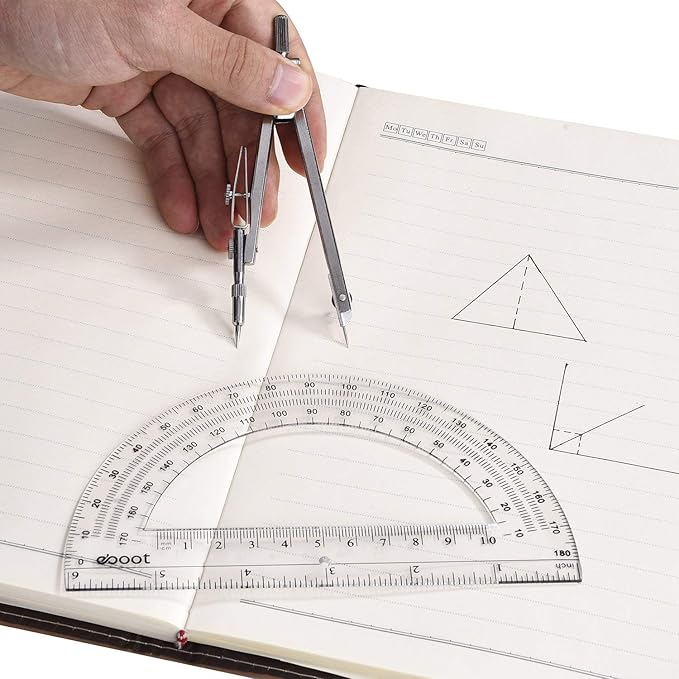 EBOOT Student Geometry Math Set, Drawing Compass and 6 Inch Clear Swing Arm Protractors 180 Degree Math Protractor (Argent, Classic)