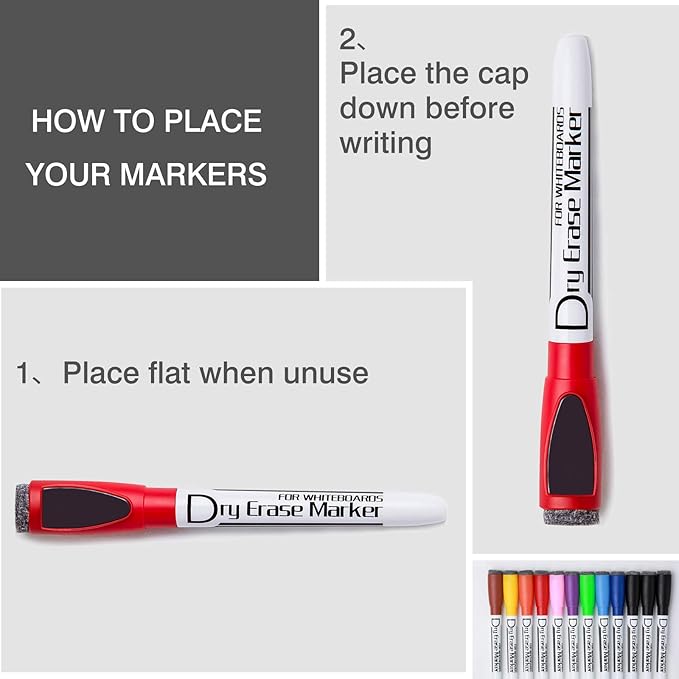 Volcanics Magnetic Dry Erase Markers With Eraser Cap Low Odor Fine Tip Whiteboard Pens Whiteboard Markers for Kids, Pack of 12, Red