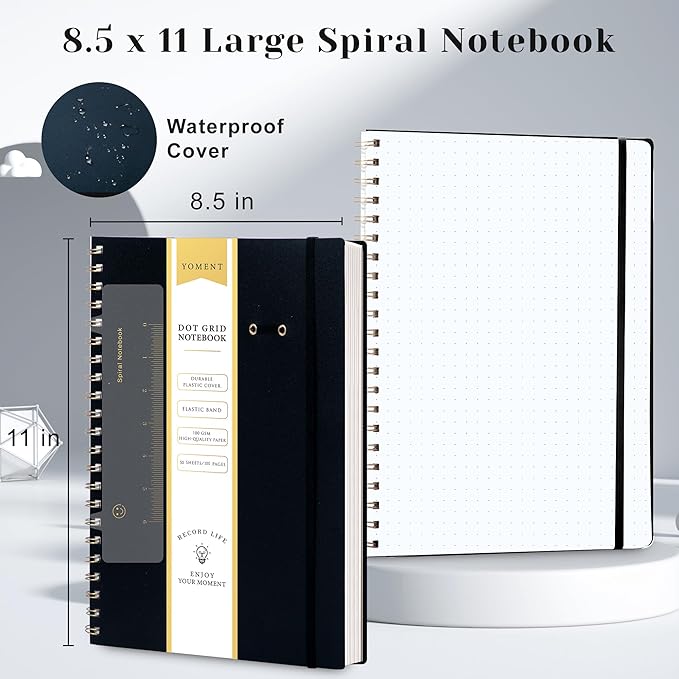 Yoment Bullet Dotted Journal Spiral Notebook 8.5 x 11 A4 Large Dot Grid Notebooks, 100 GSM Thick Dot Paper, Journaling Notebooks for Work School Sketching, A4 Black