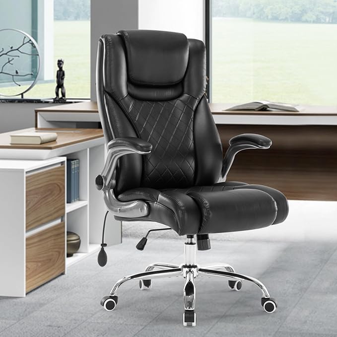Executive Office Chair Desk Swivel Chair High Back Computer Chair - Adjustable Lumbar Support with Flip-Up Arms PU Leather Chair with Spring Cushion (Black)