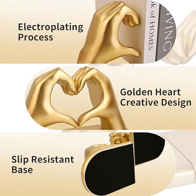 Gold Decorative Bookends for Shelves, Heart Hands Book Ends Sculpture Aesthetic Decor for Bedroom Living Room Merch Apartment Bookshelf Birthday Women Decorations Stuff Aesthetic