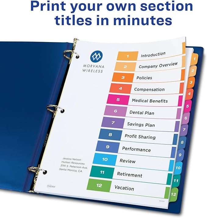 Avery 12 Tab Dividers for 3 Ring Binders, Customizable Table of Contents, Multicolor Tabs, 6 Sets (11196)