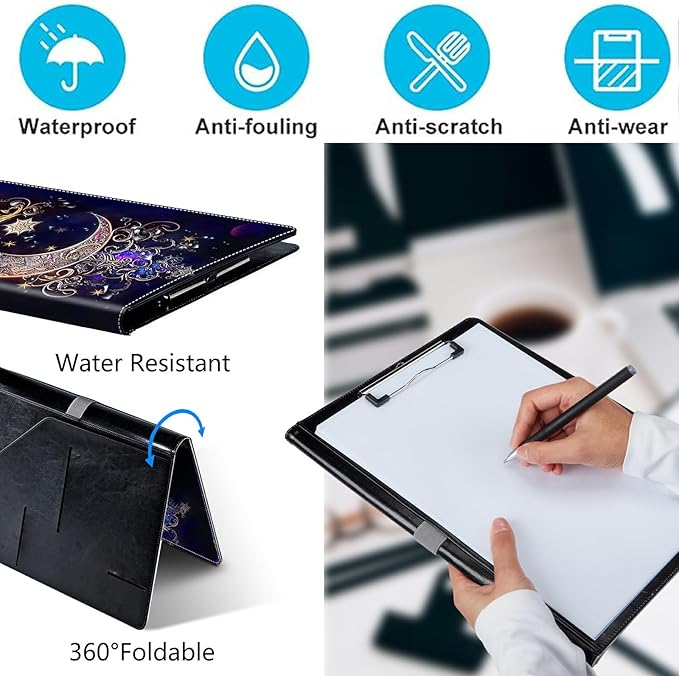PU Leather Padfolio Clipboard Notepad with Pen Loop and Elastic Strap Interview/Resume Document Organizer for Business School Office,Moon Star Galaxy Floral