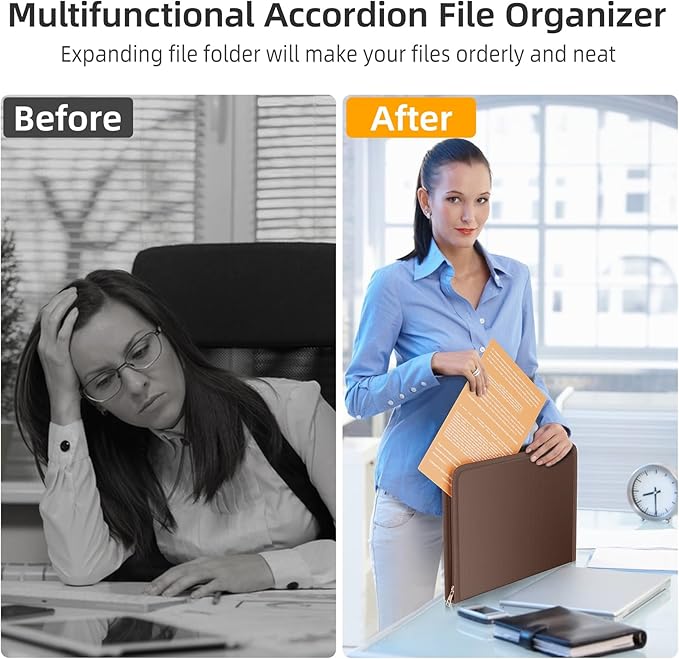 Fireproof Accordion File Organizer, Portable Expanding File Folder with Waterproof Zipper&Labels, Brown Document Organizer with 13 Pockets, File Organizer for Important Document/Paper Storage