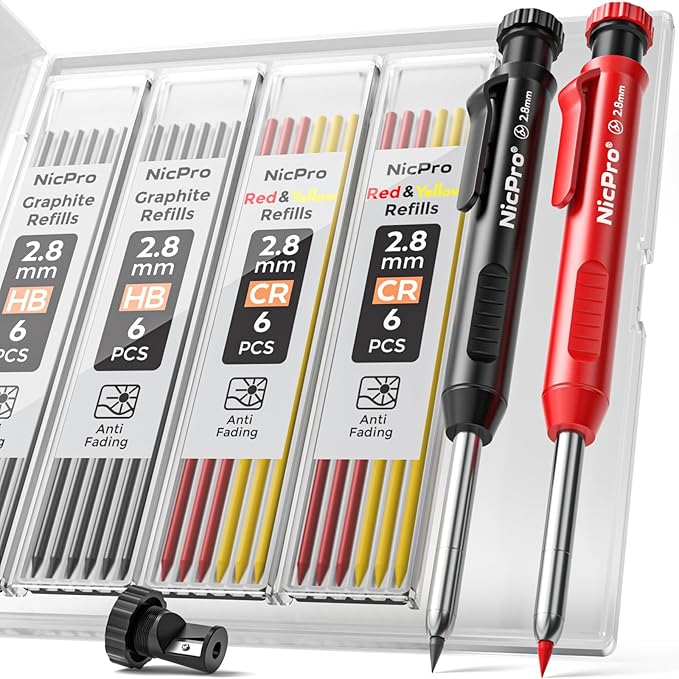 Nicpro Carpenter Pencil with Sharpener, Mechanical Pencils Set with 26 Refills, Deep Hole Marker for Construction, Heavy Duty Woodworking Pencils for Architect (Black, Red) - With Case