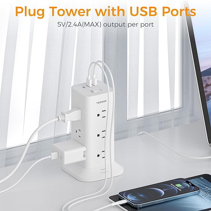 Power Strip Tower with Surge Protection, TESSAN Flat Plug Extension Cord 6 Feet with 12 Multiple Outlets 3 USB Ports (1 USB C), 900J Surge Protector Tower for Home,Supplies for Dorm Room Essentials