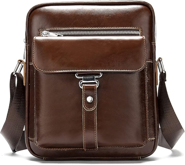 Hebetag Small Leather Sling Shoulder Bag Messenger Pack for Men Women Outdoor Travel Business