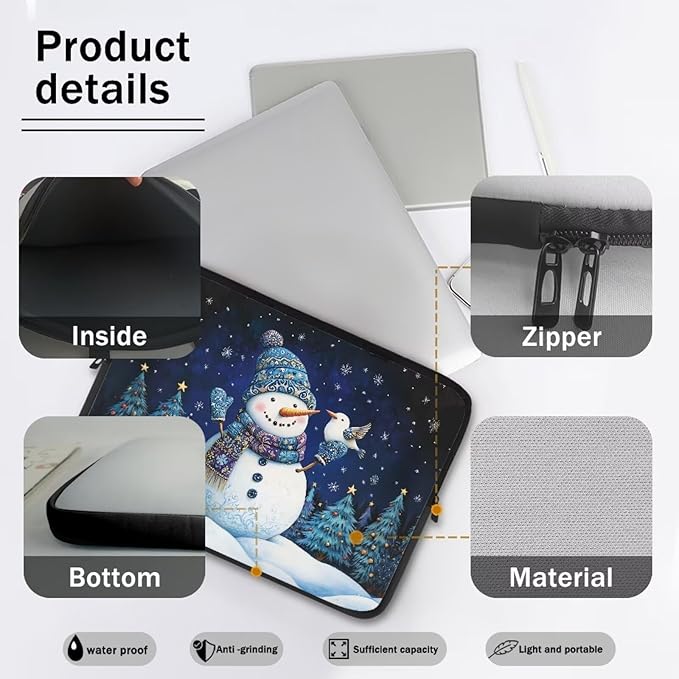 Cute Snowman Computer Sleeve for Women 13 inch Laptop Sleeve Christmas Lap Top Case with Multiple Uses Tablet Bag Teen Girls Laptop Carrying Case Briefcase