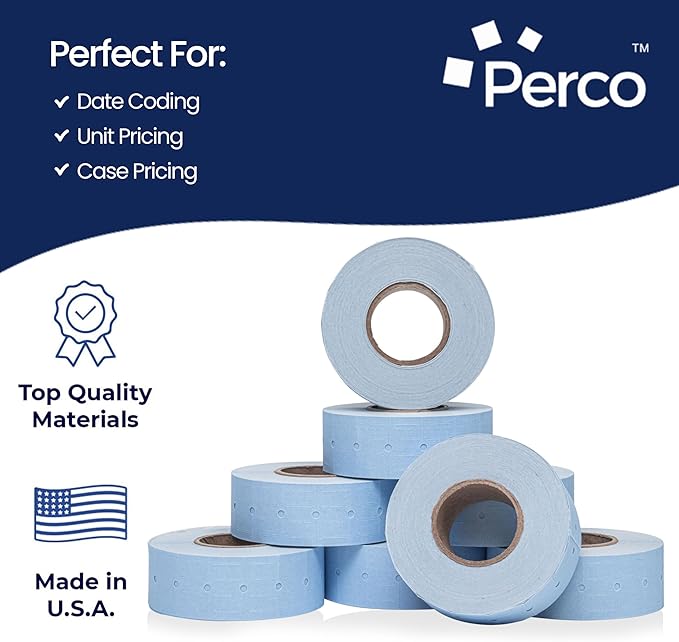 Perco 1 Line Blue Labels - 80 Rolls, 10 Sleeves, 80,000 Blank Price and Date Gun Labels for Perco 1 Line Price and Date Guns - Made in USA