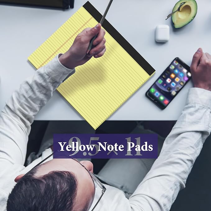 2 Pack Note Pads 11" x 9.5" Legal Pads College Ruled Notepad Micro Perforated Writing Pads Yellow Lined Paper 80GSM College Ruled Paper Pad of Paper 30 Sheets Notebook for School, To-Do Lists, Office