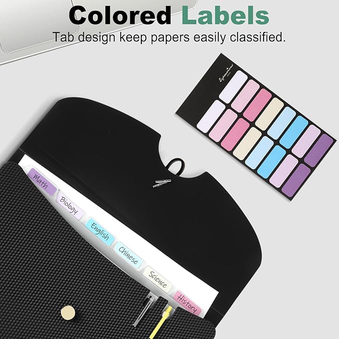 Sooez 7 Pocket Expanding File Folder, Premium Accordion File Organizer, Letter Size Folders for Documents, Sleek Filing Folders with Bungee Closure, Portable Folders for School Office Supplies, Black
