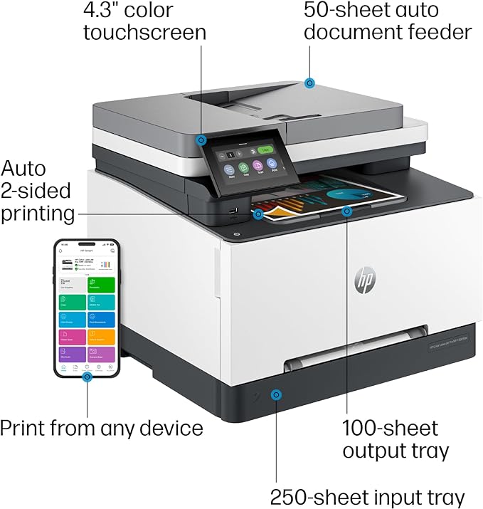 HP Color Laserjet Pro MFP 3301fdw Wireless All-in-One Color Laser Printer, Office Printer, Scanner, Copier, Fax, ADF, Duplex, Best-for-Office (499Q5F)