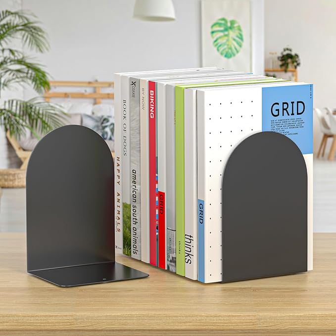 Bookends 2 Pairs, Metal Round Book Ends, Bookends for Shelves, Book Ends for Desk, Book End to Hold Books, Book Stopper, Black Bookend for Home Office