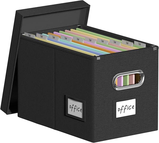 Hanging File Filing Box with Lid, Linen Collapsible File Organizer Box for Hanging Folder, Office/Home Decorative Storage Boxes Filing Cabinet (Black, 14x9.3x10.9)