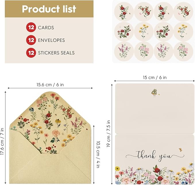 Artoid Mode 12 Pack Wildflower Thank You Cards Vintage Flower Greeting Cards Gift With Envelope Sticker Blank Note Cards for Birthday Wedding Baby Shower Bridal Shower, 4 x 6 Inch