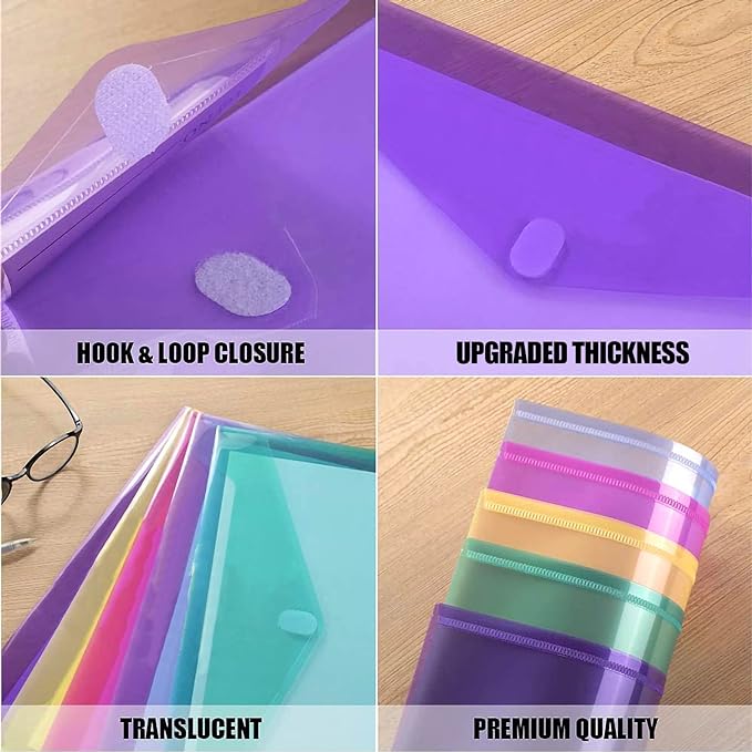 Sooez 32 Pack Plastic Envelopes Poly Envelopes, HeavyDuty File Folders, Clear Folders with Pockets, Folders for Documents Letter A4 Size, Filing Folders, Paper Storage, Office School, 8 Colored