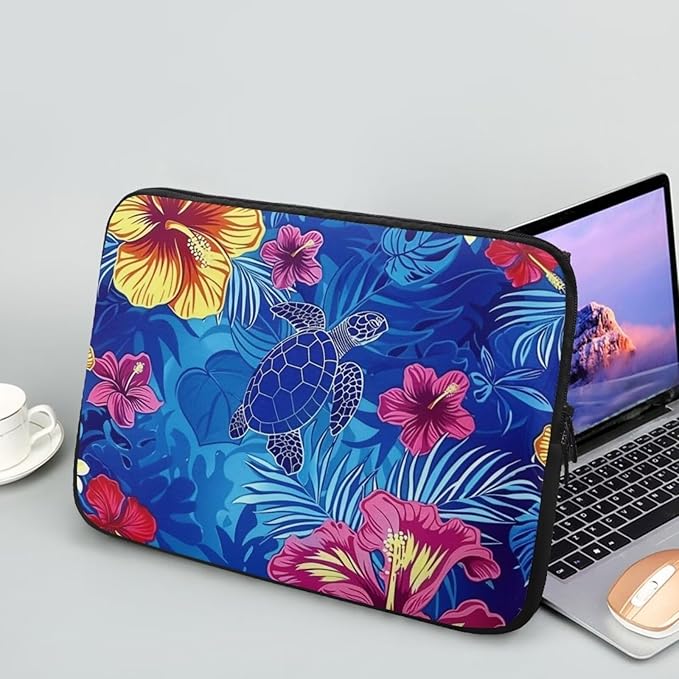 Sea Turtle Printed Laptop Briefcase for Women Men, Hibiscus Flower Printed 13 Inch Laptop Bag Messenger Bag Lightweight Laptop Case for Office Business Traveling Daily Use