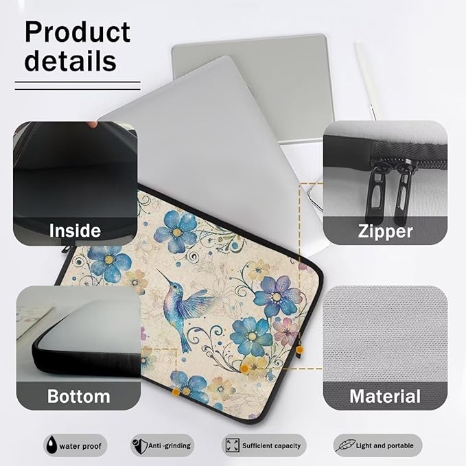 Hummingbird Printed Laptop Case Bag 15 Inch, Floral Printed Computer Bag Portable Laptop Sleeve for Boys, Easy to Carry Laptop Briefcase Work Bag Compatible with Most Laptops