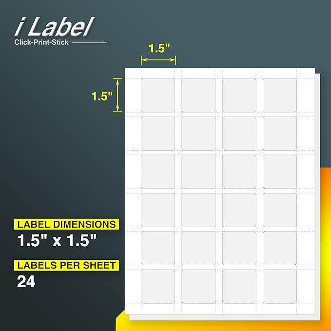 24UP 1.5" x 1.5" Square Labels for Laser & Inkjet Printers[50 Sheets,1200 Labels]