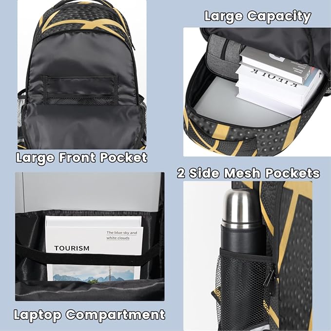 Balck Gold Sport Basketball Backpack School Bookbag Laptop Purse Casual Daypack for Teen Girls Women Boys Men College Travel
