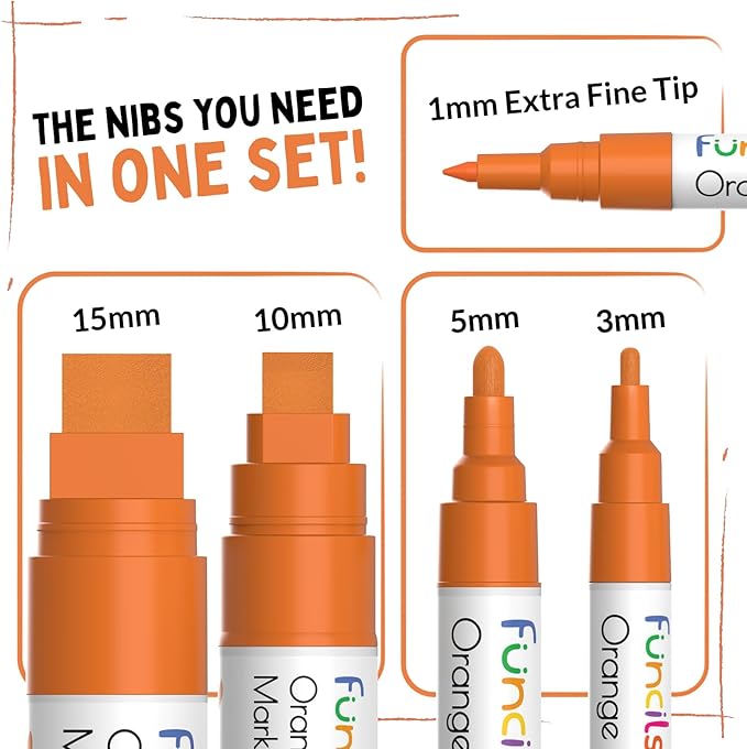 5 Orange Paint Pens - Extra Fine Tip, Thin & Jumbo (1mm, 3mm, 6mm, 10mm, 15mm) - Acrylic Orange Paint Marker for Metal, Fabric Pen, Plastic, Canvas, Wood, Rock Painting - Water-based Ink