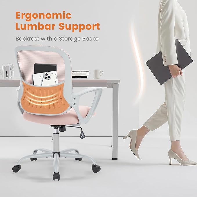 Sweetcrispy Office Computer Desk Managerial Executive Chair, Ergonomic Mid-Back Mesh Rolling Work Swivel Chairs with Wheels, Comfortable Lumbar Support, Comfy Arms for Home,Bedroom,Study,Student,Pink