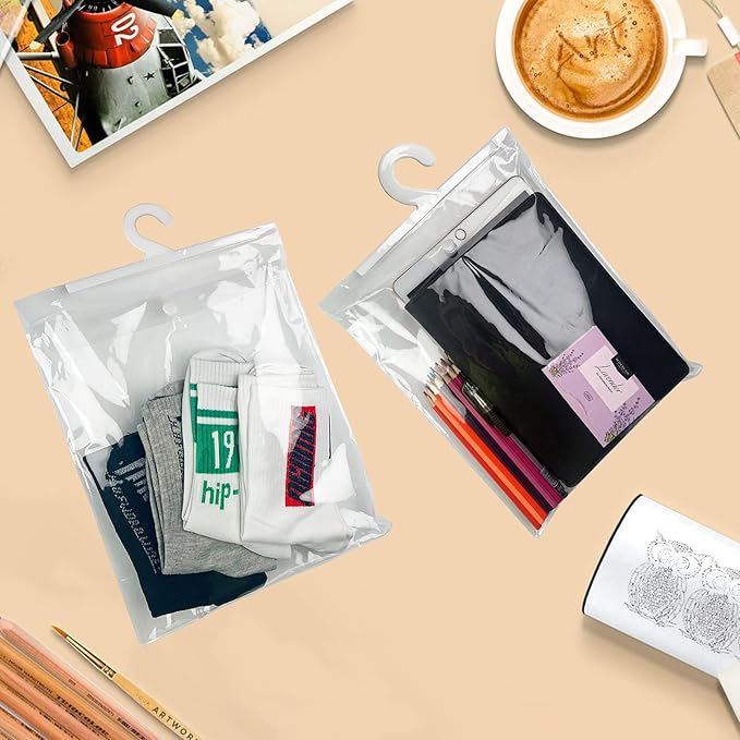 Hanging Storage Bags with Hanger,13" X11" Large Hook Hang-Up Clear Plastic Bags,Book Pouch School Supply Kit Classroom Organization for Classroom Library School Supplies Home Pharmacy Use (50)