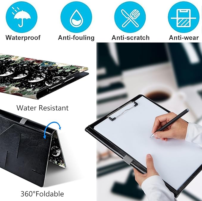 PU Leather Padfolio Clipboard Notepad with Pen Loop and Elastic Strap Interview/Resume Document Organizer for Business School Office,Moon Wild Floral