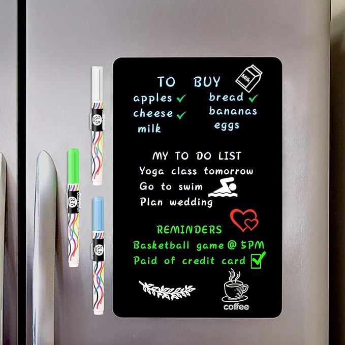Magnetic Black Dry Erase Board Sheet 17" x 11" for Fridge, Easy to Read with 3 Bright Colors Chalk Markers, Small Refrigerator Magnet Whiteboard for Family Planner Grocery List