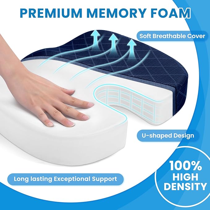 TushGuard Seat Cushion - Memory Foam Cushion for Office Chair, Car Seat, Airplane, Bleacher - Sciatica & Coccyx Pain Relief Desk Chair Cushion for Long Sitting Office Workers, Car Drivers(Blue)