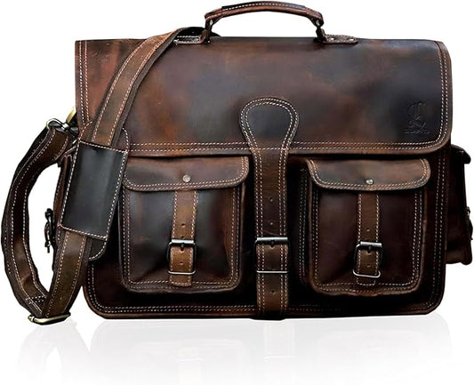 cuero Leather Messenger Bag for Men, 16 Inch Laptop Bag, Crossbody Bag Men, Vintage Handmade Leather Satchel Bag Men, Full Grain Business Briefcase Shoulder Bag for Office/Work/Travel - Brown