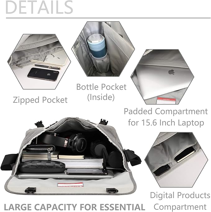 OIWAS Messenger Bag for Men/Women Travel Satchel Bag Canvas Crossbody Bag Small 14 Inch Laptop Shoulder Bags Work Computer Briefcase Grey