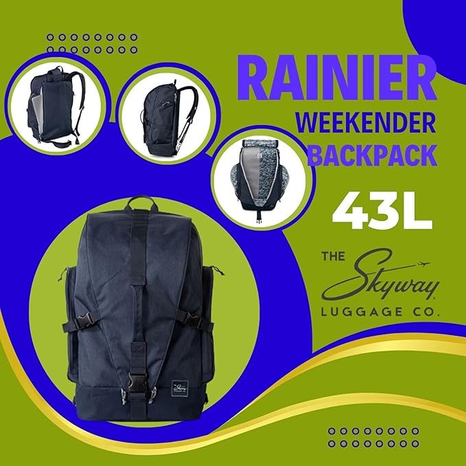 Skyway Luggage Rainier Weekender Backpack, Eco-Friendly, Made of 100% rPET Travel Laptop Bag for Women & Men, Flight Approved Carry On Bag, 43L, Tahoe Blue